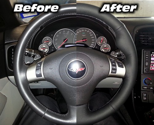 Chevrolet Corvette steering wheel with increased girth and thumb-grips and a red racing stripe